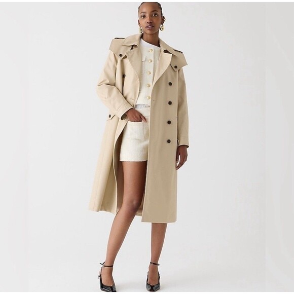 J.Crew 00 Double Breasted Rylee Trench Coat Tan Khaki Belted Cotton NWT - Picture 1 of 16